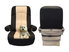 RV Designer front view of GripFit+ seat cover showing full cockpit protection and style