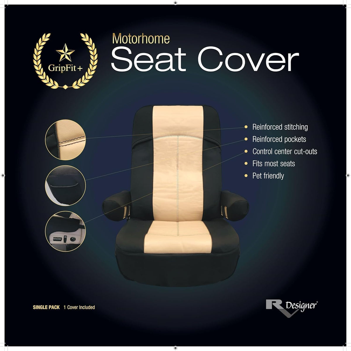 RV Designer label and FMVSS 302 safety tag emphasizing fire-retardant compliance