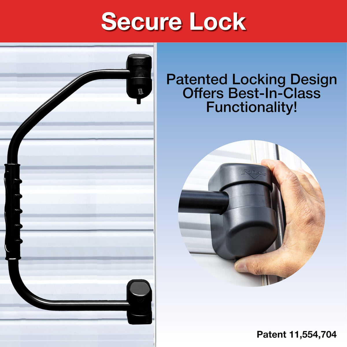 RV Designer handrail folded flat to the left showing compact, low-profile storage