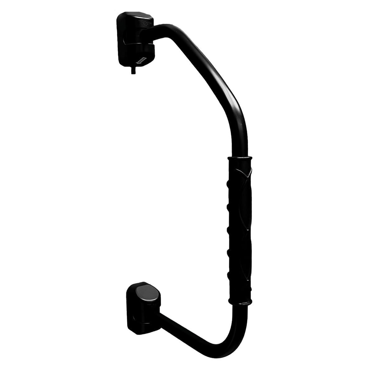 RV Designer front-mounted black handrail showing secure lock and sleek finish