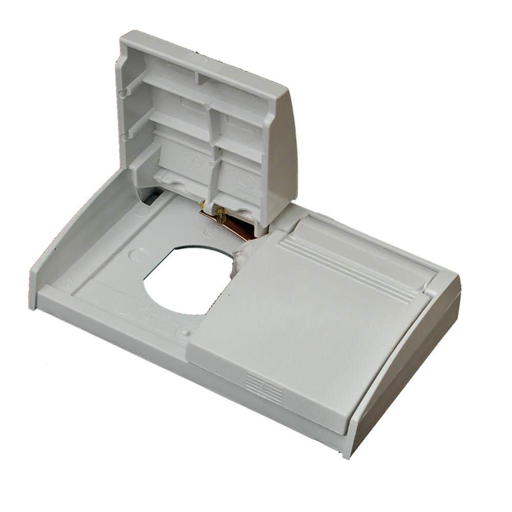 RV Designer outlet cover installed on RV exterior demonstrating easy protection