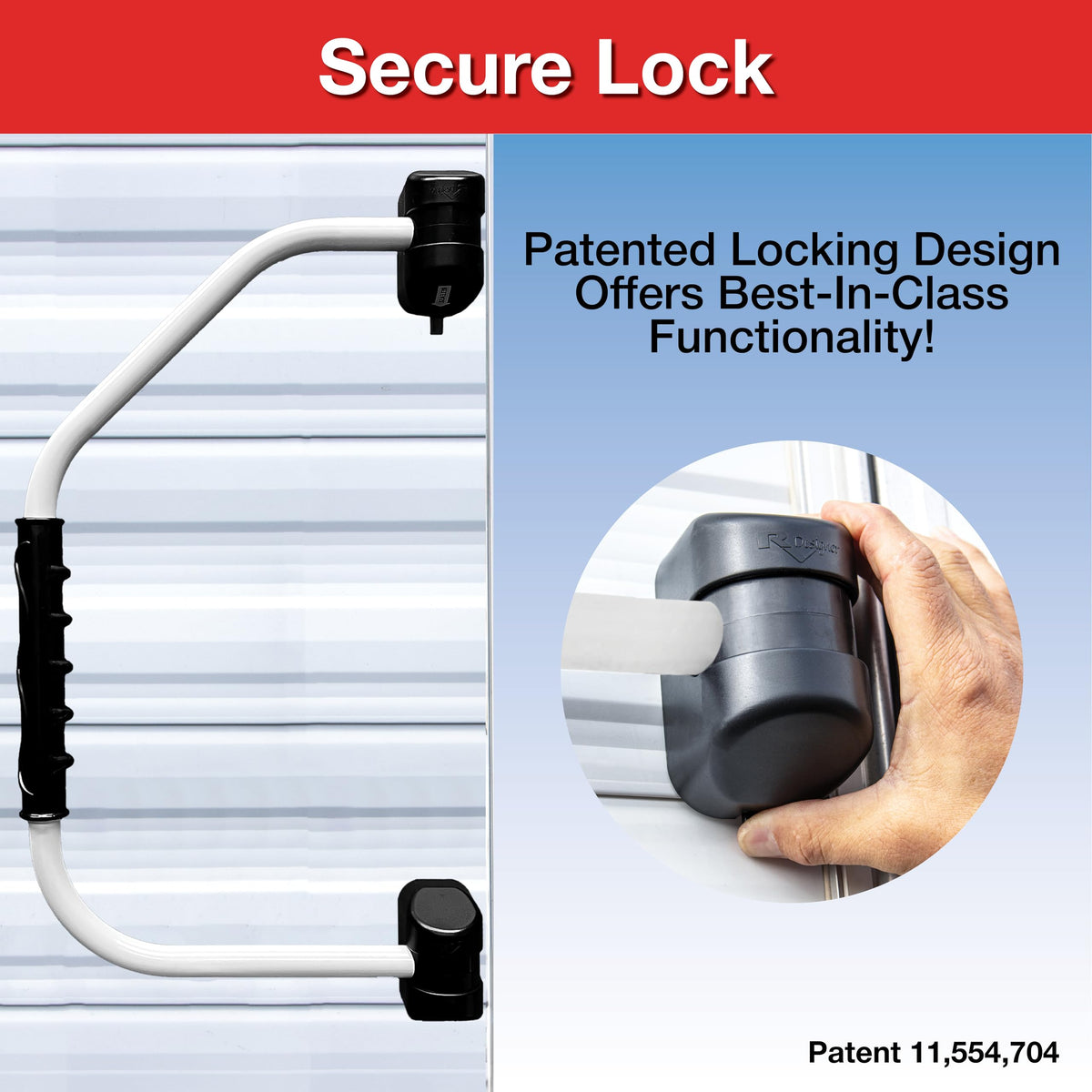 RV Designer handle folded flat against RV wall showing space-saving transit benefit