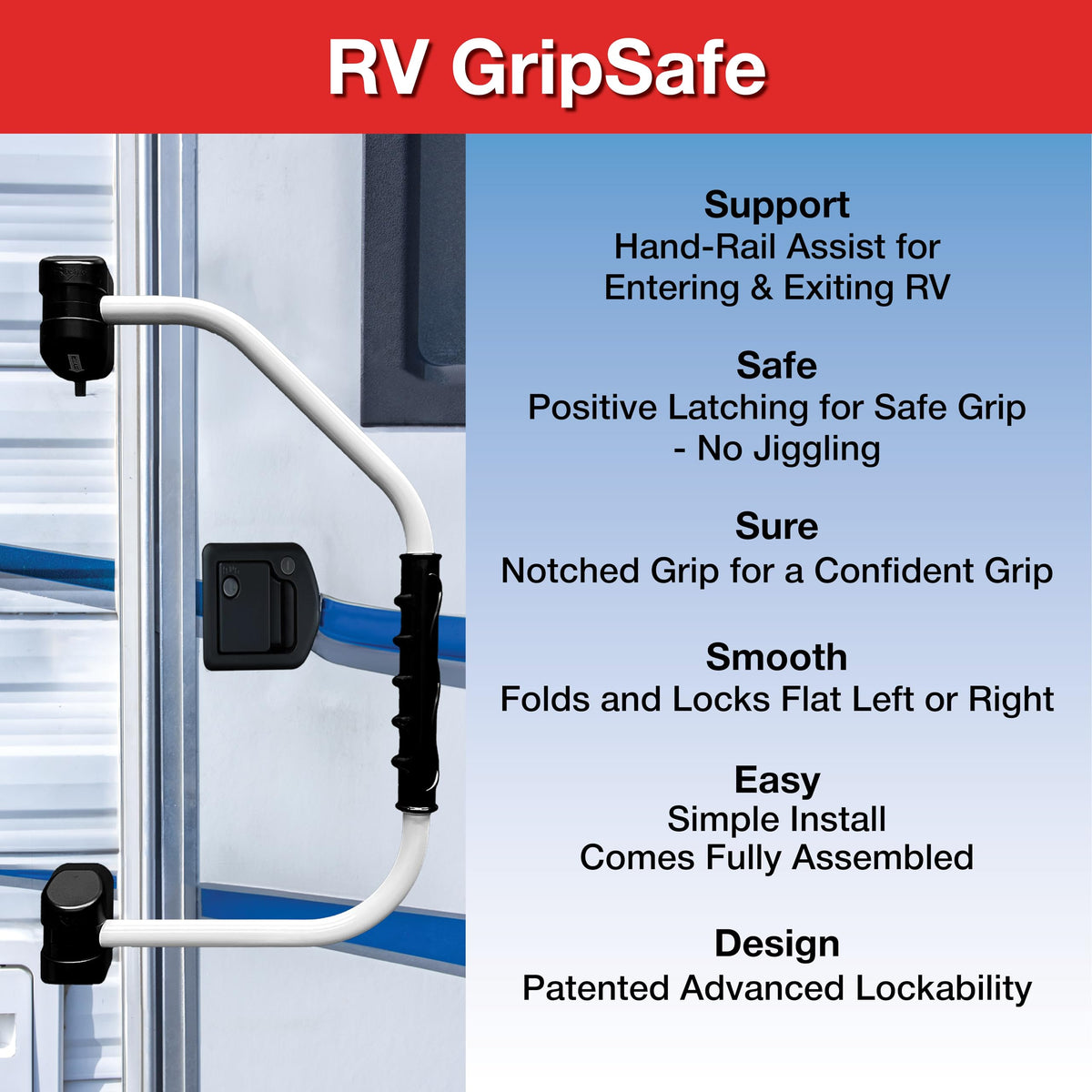 RV Designer handle next to a hand for scale showing ergonomic reach and confidence benefit