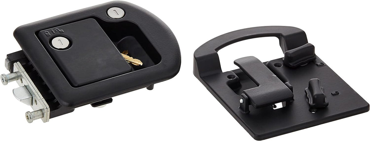 RV Designer lock on camper door in campsite, upgraded peace of mind