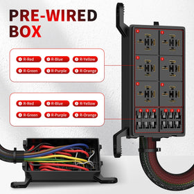 RVBOATPAT relay fuse box mounted in a boat cockpit demonstrating tidy wiring