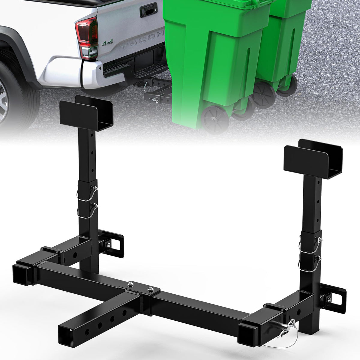 Rvdeaa front view of dual trash can hauler showing secure transport benefit
