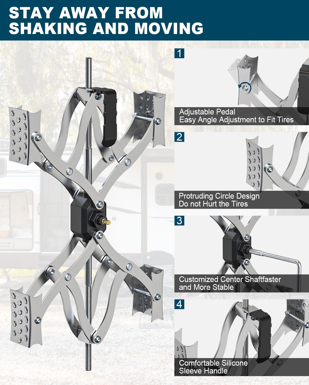 Rvdeaa installed on travel trailer wheel providing steadier parking benefit