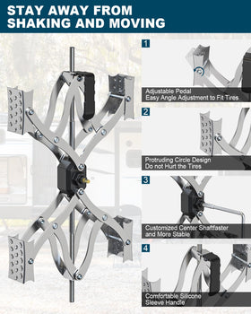 Rvdeaa installed on travel trailer wheel providing steadier parking benefit