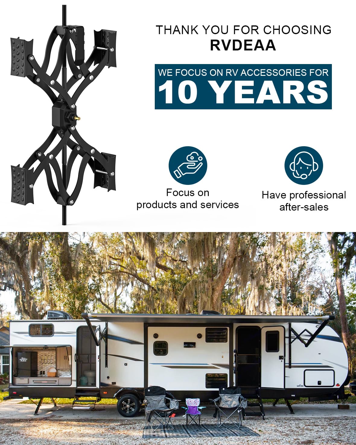 Rvdeaa lifestyle shot at RV park showing improved stability and parking confidence benefit