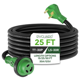 RVGUARD front view of 25ft 30A cord showing robust connectors and profile benefit durable hookup