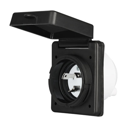 RVGUARD front panel power inlet showing tidy mounting and easy access benefits