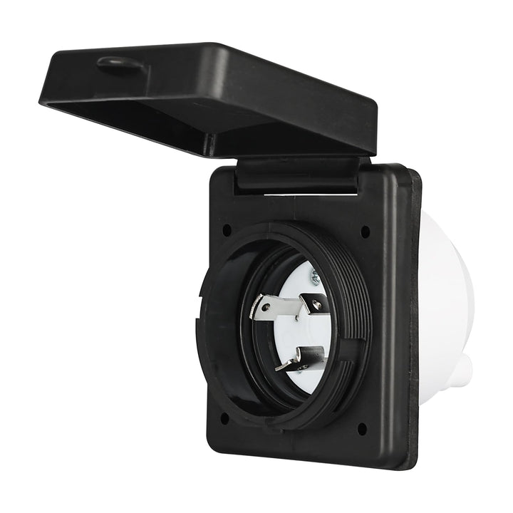 RVGUARD front panel power inlet showing tidy mounting and easy access benefits