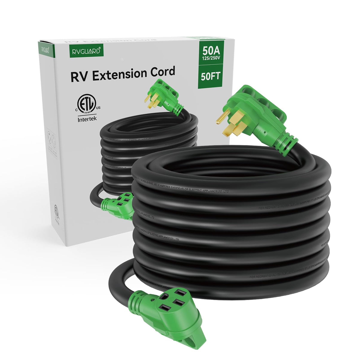 RVGUARD cord connected to RV shore power showing reliable campsite power delivery