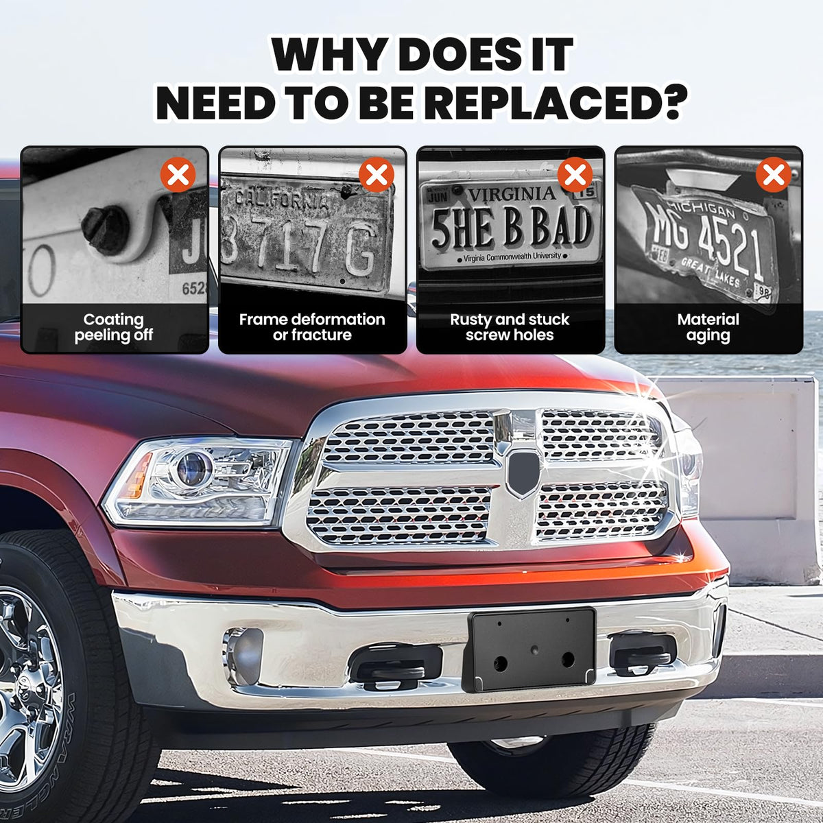 RVgolf bracket beside standard license plate showing 12.99×6.89×1.57 inch size