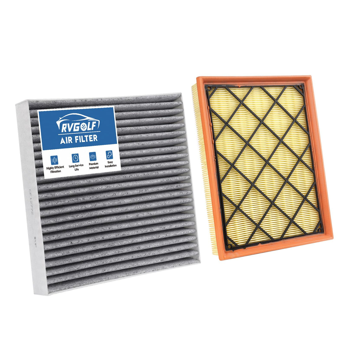 RVgolf engine filter front view showing pleats and sealing flange for better engine protection