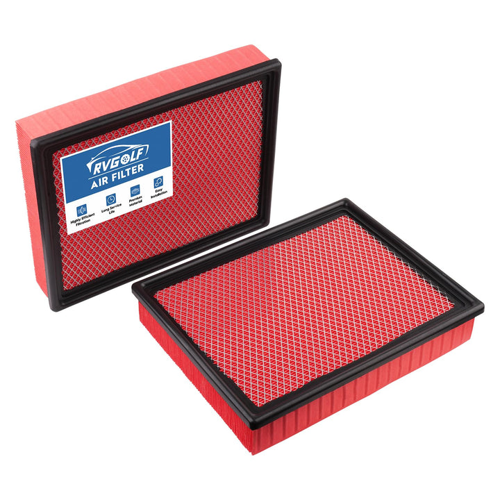 RVgolf front packaging showing two CA8755A filters and fitment list benefits fit