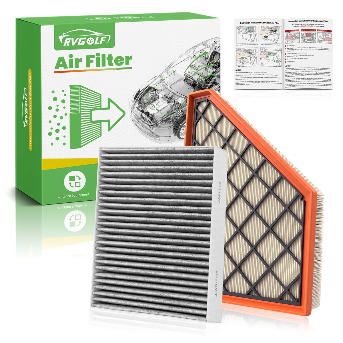 RVgolf front packaging showing engine and cabin filters for clear identification and fit