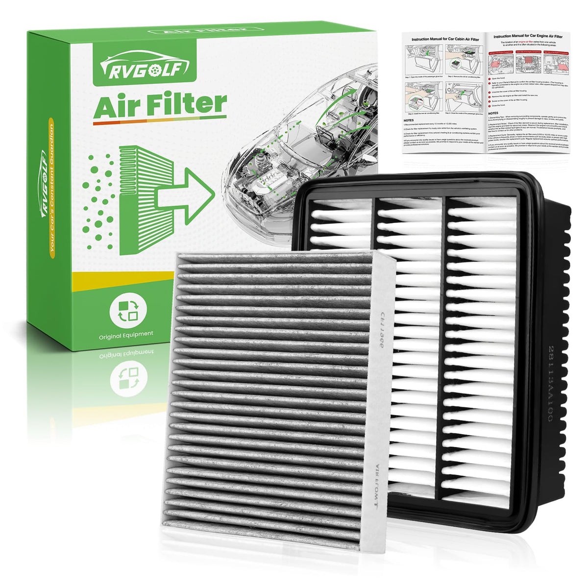 RVgolf front packaging showing engine and cabin filter set, clear fit benefit