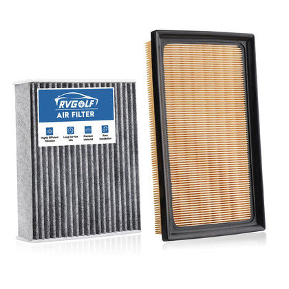 RVgolf front packaging showing engine and cabin filter set and compatibility benefits