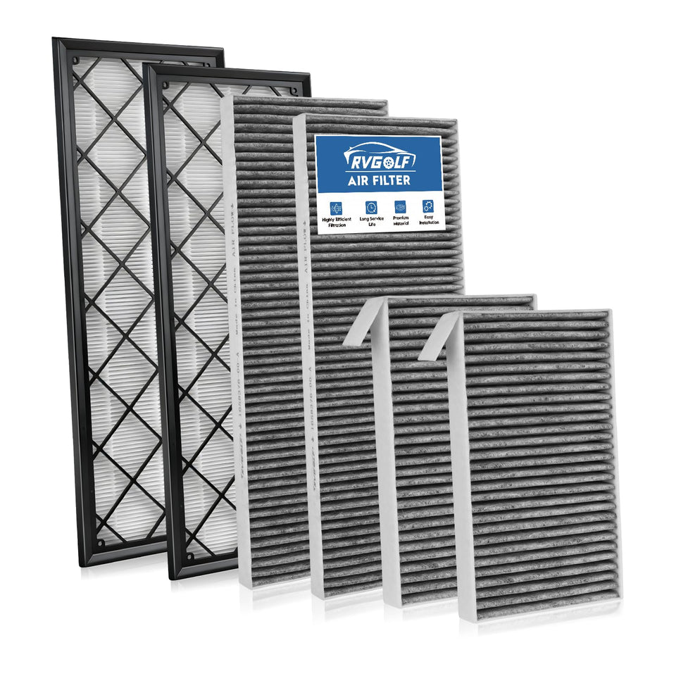 RVgolf front packaging for Model Y filters showing a 6-pack and clear benefit