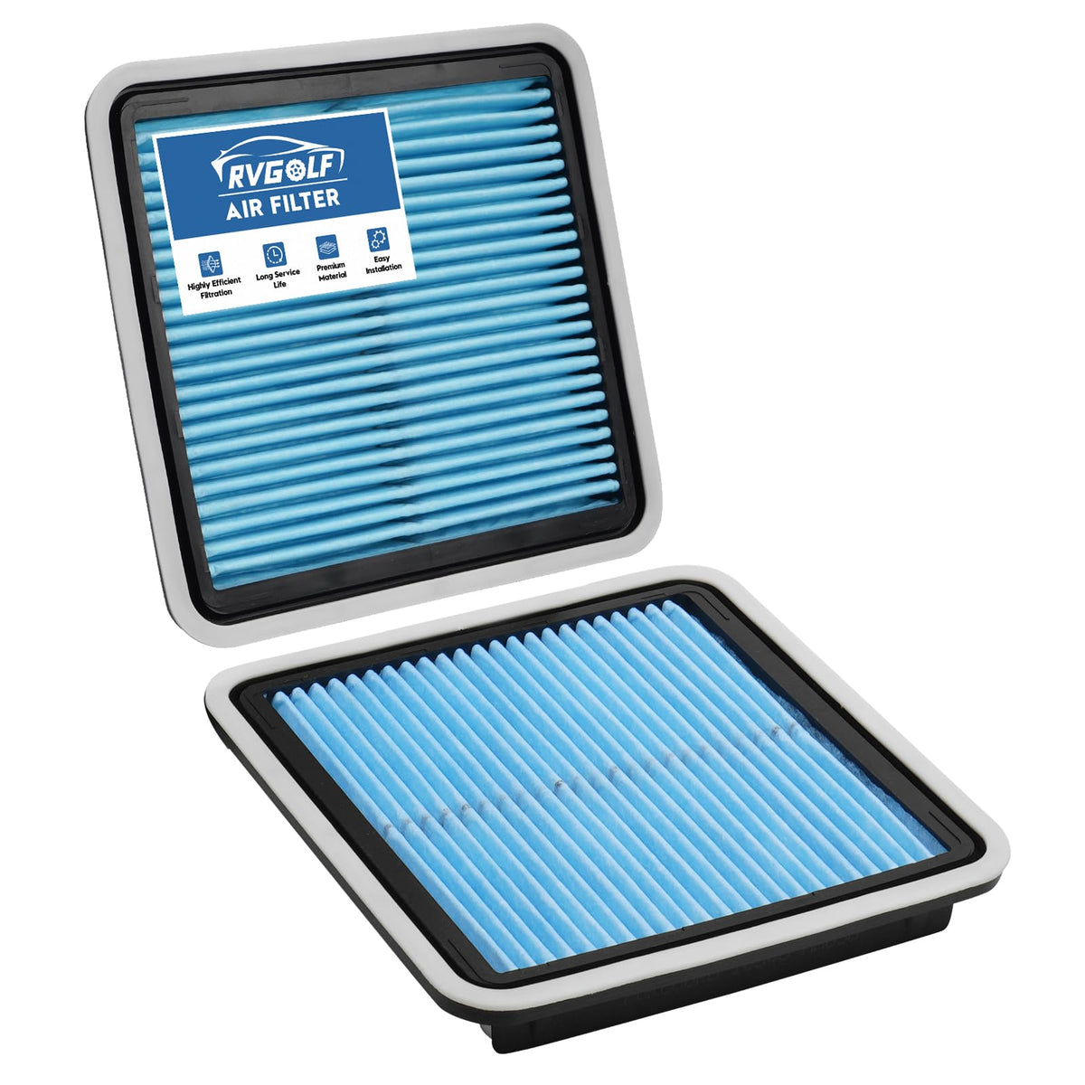 RVgolf front packaging showing two replacement air filters and clear fit benefits