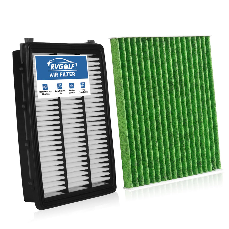 RVgolf front packaging showing both engine and cabin filters, clear compatibility labeling and benefits