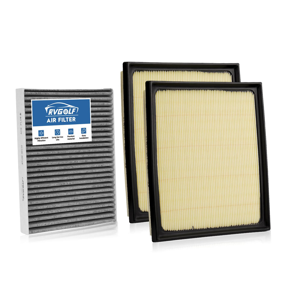 RVgolf front packaging showing the 2 engine and 1 cabin filter set improving maintenance convenience