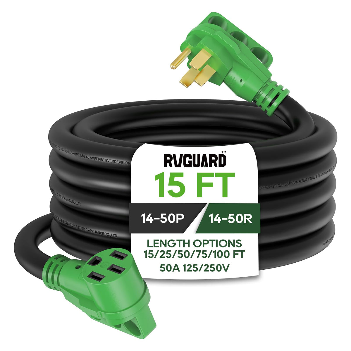 RVGUARD front view of 14-50 plug and cord showing heavy-duty connectors and secure fit