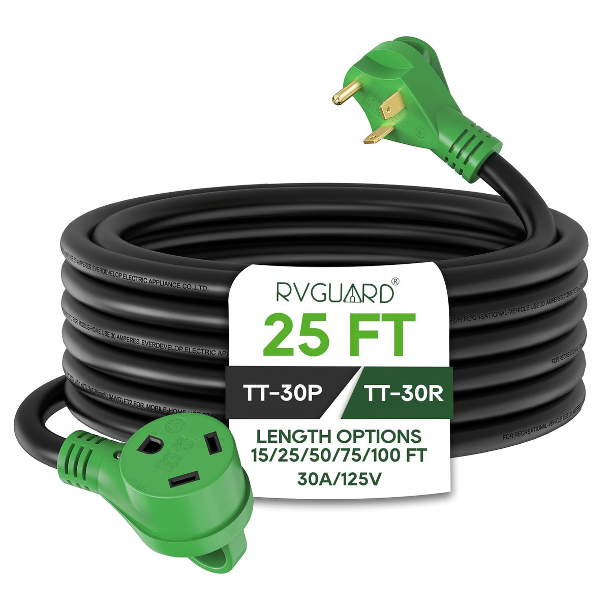 RVGUARD front view of 25ft 30A cord showing connectors and coil, ensures reliable campsite power