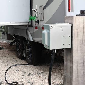 RVGUARD close-up of NEMA TT-30 male and female connectors, ensures secure electrical mating