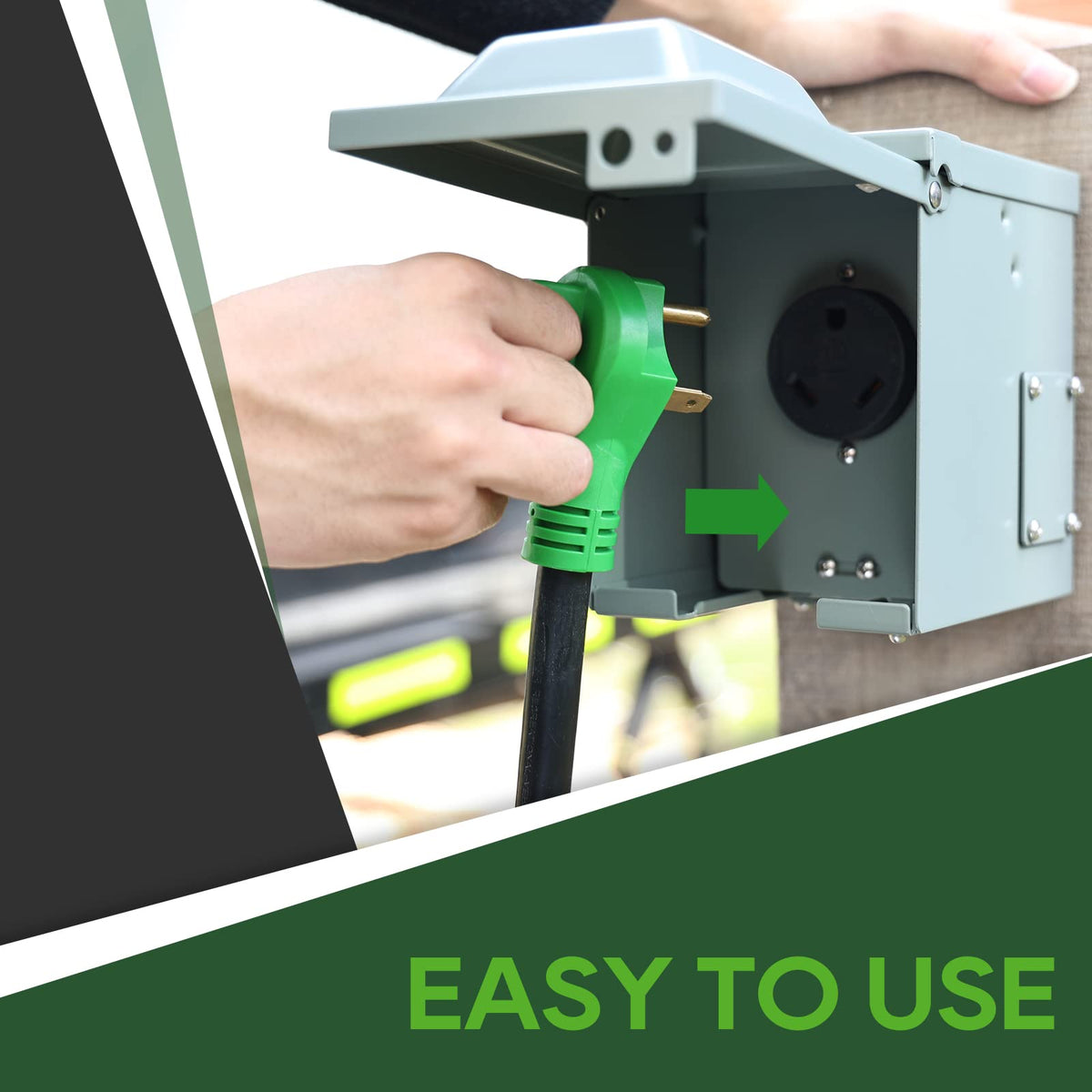 RVGUARD disconnect handle in use keeping fingers away from live prongs for safer unplugging