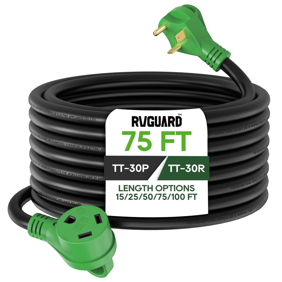 RVGUARD front connector and full length showing secure plug and reach benefit