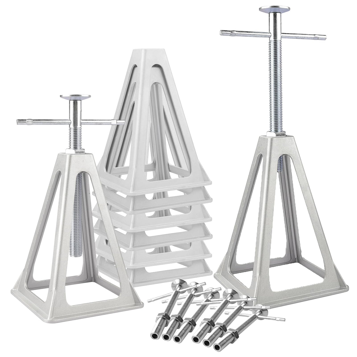 rvguard front packaging and contents showing all eight jacks and bag for easy transport
