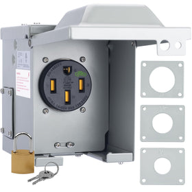 RVGUARD front panel view of NEMA 14-50R outlet showing durable face and mounting benefit