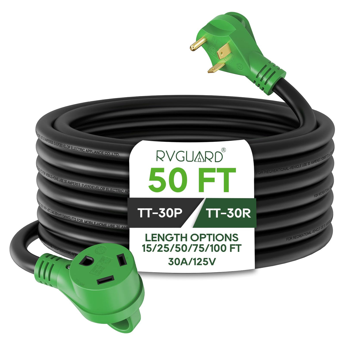RVGUARD front view showing NEMA TT-30 connectors and heavy-duty cable for reliable power