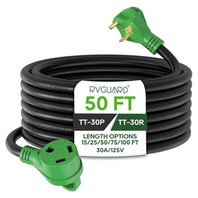 RVGUARD front view showing NEMA TT-30 connectors and heavy-duty cable for reliable power
