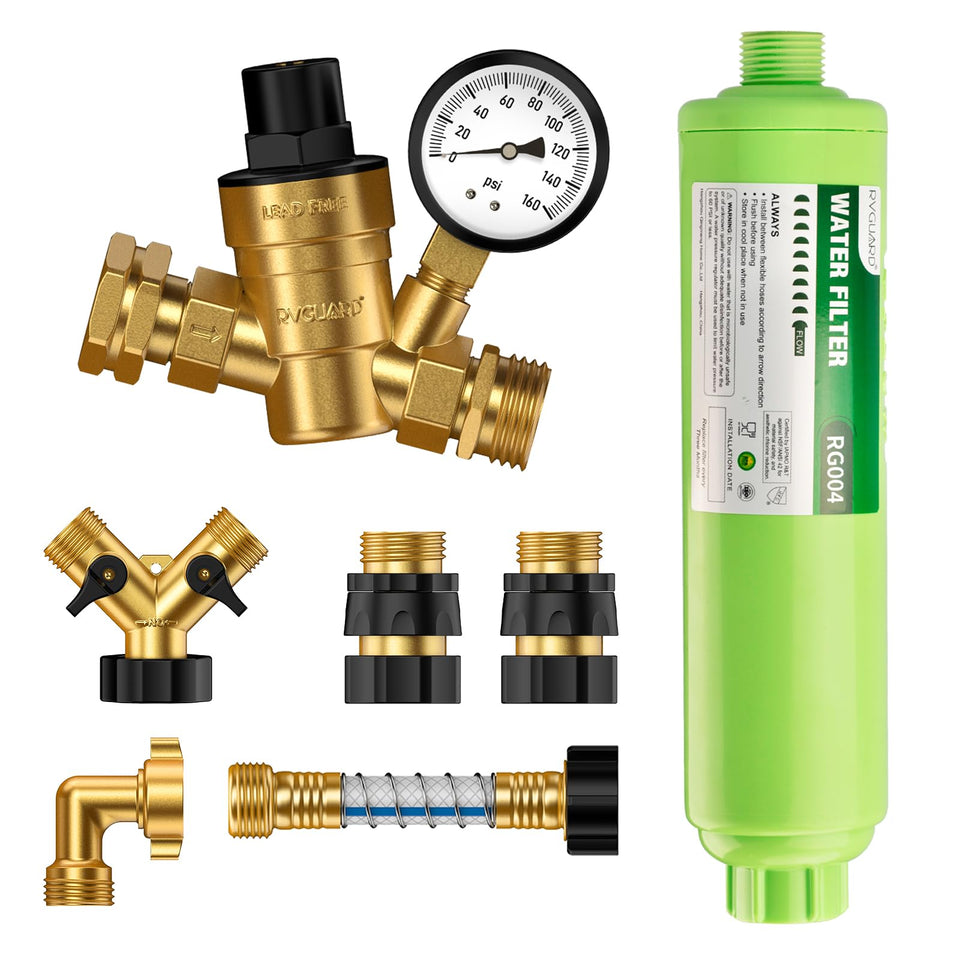 RVGUARD complete kit front view showing regulator filter and connectors for safe hookups