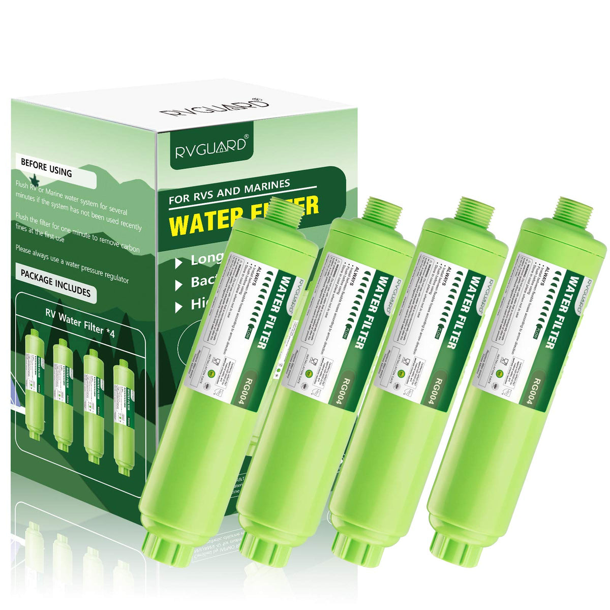 RVGUARD front view of four-pack showing compact inline filters and labeling, improves water taste