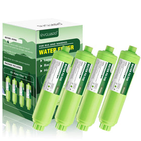 RVGUARD front view of four-pack showing compact inline filters and labeling, improves water taste