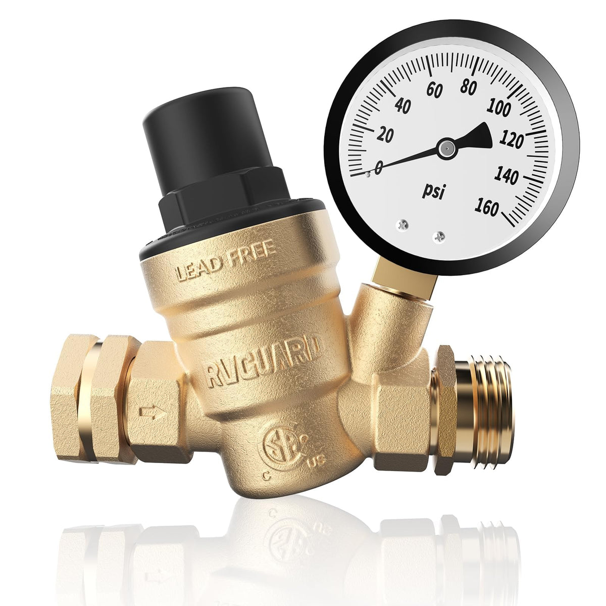 RVGUARD front view of regulator showing robust brass body and gauge for protection