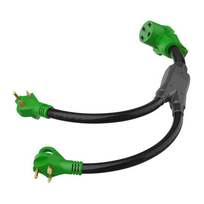 RVGUARD front view of Y adapter showing full 50A female and two 30A male plugs for versatility