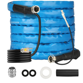 RVGUARD heated hose front view showing durable fittings and full length benefit
