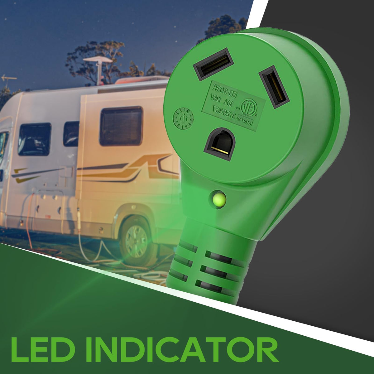 RVGUARD in use at home outlet showing safe household-to-RV power conversion