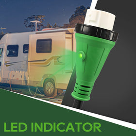 RVGUARD in use hooked to RV inlet showing safe household power hookup benefit