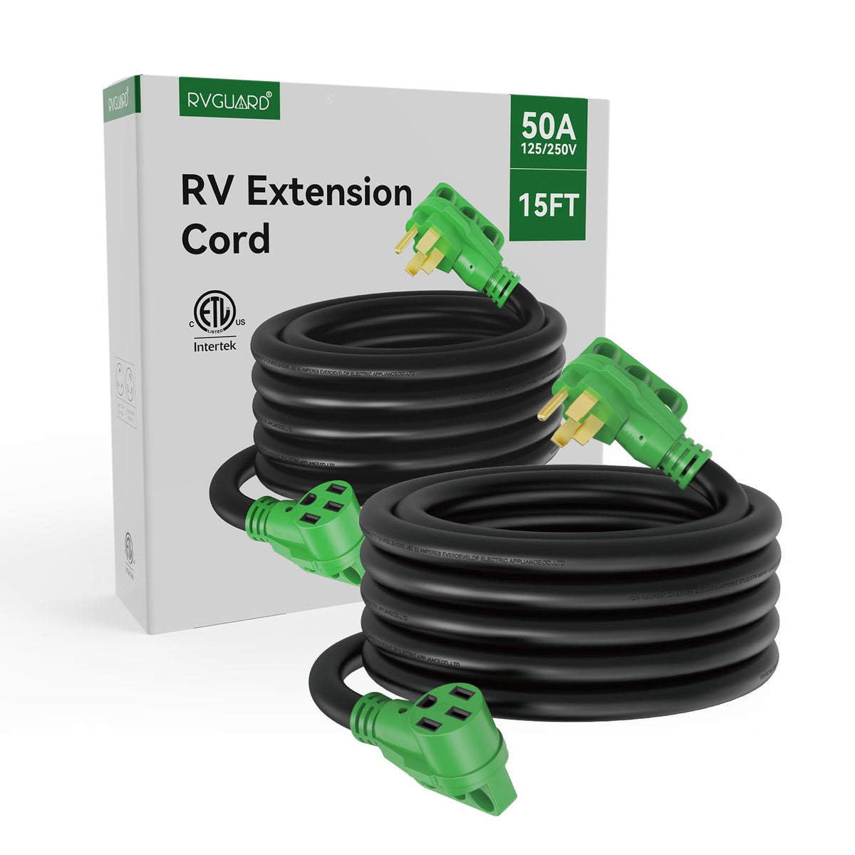 RVGUARD extension cord connected to an RV at a campsite showing practical outdoor use