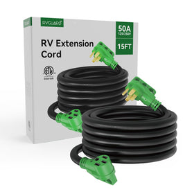 RVGUARD extension cord connected to an RV at a campsite showing practical outdoor use