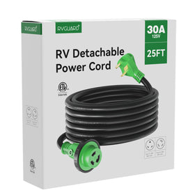 RVGUARD cord plugged into RV pedestal showing real-world use and reliable campsite connection benefit