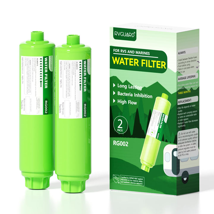 RVGUARD inline filter front view showing compact inline design and easy install benefit