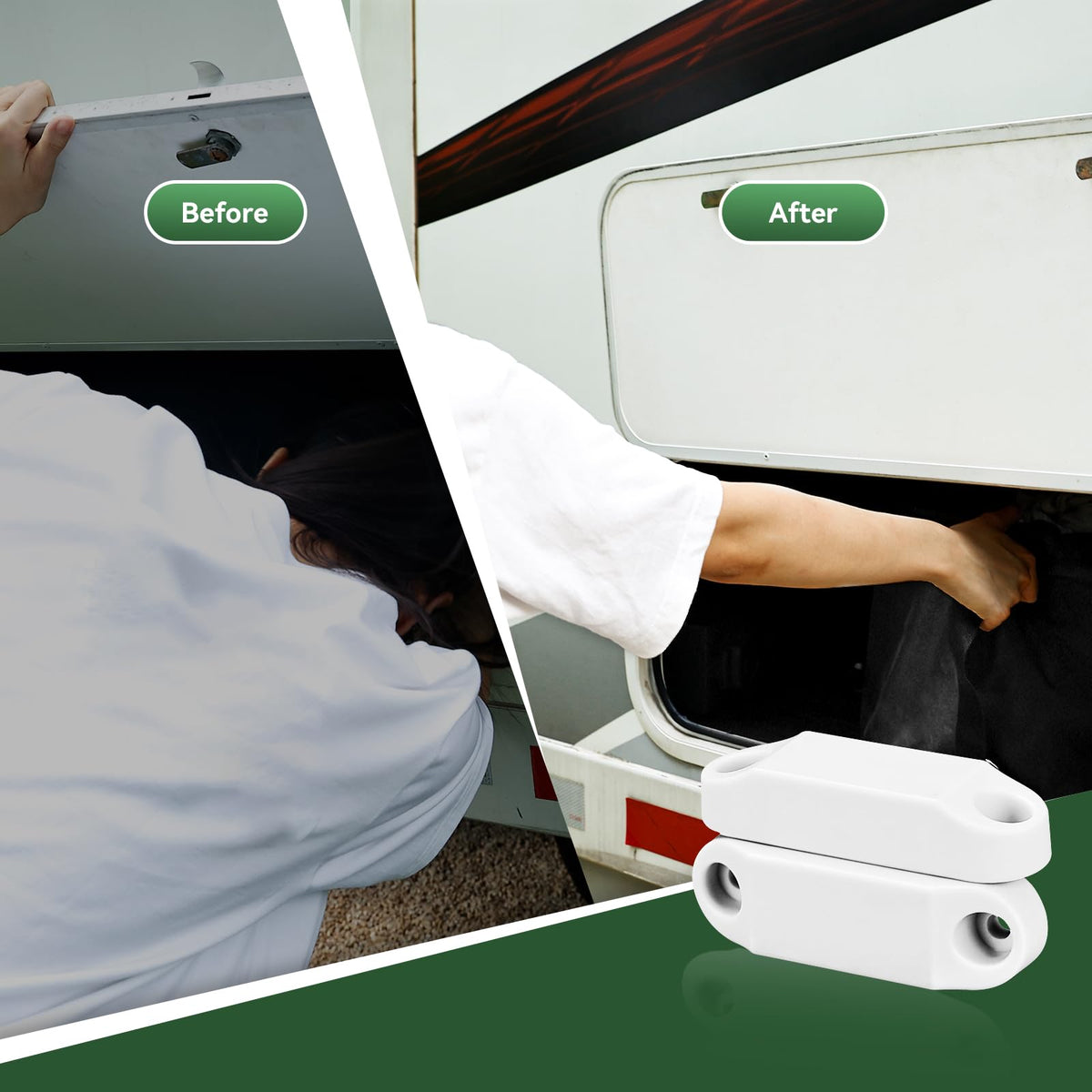 RVGUARD installed on RV baggage door demonstrating secure hold while loading benefit