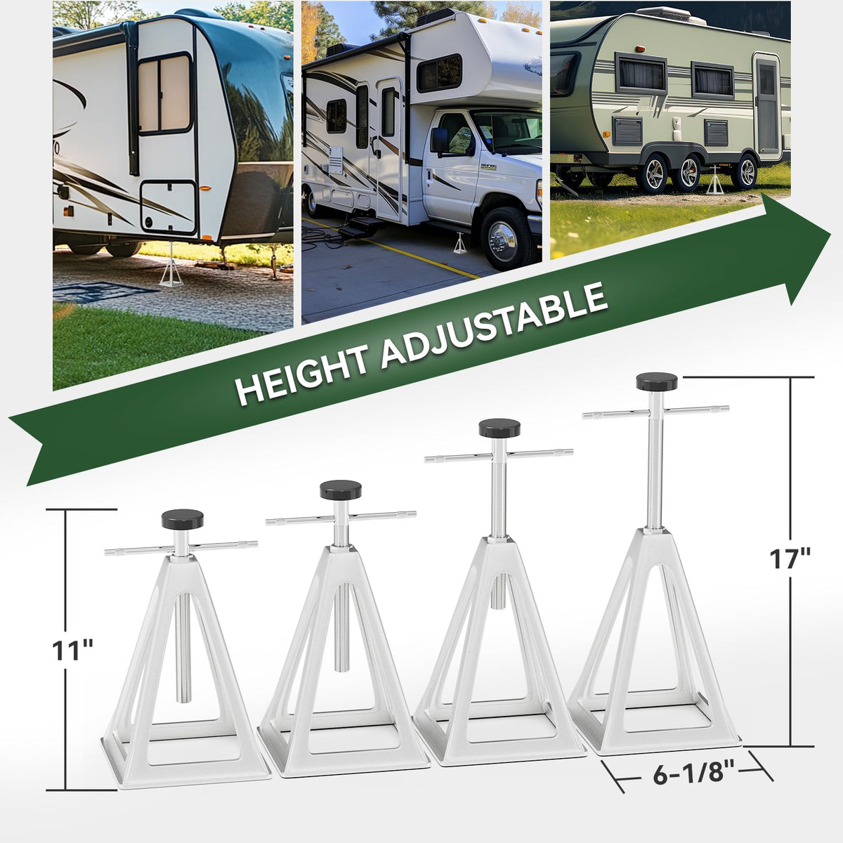 rvguard jack placed under an RV frame demonstrating improved campsite stability